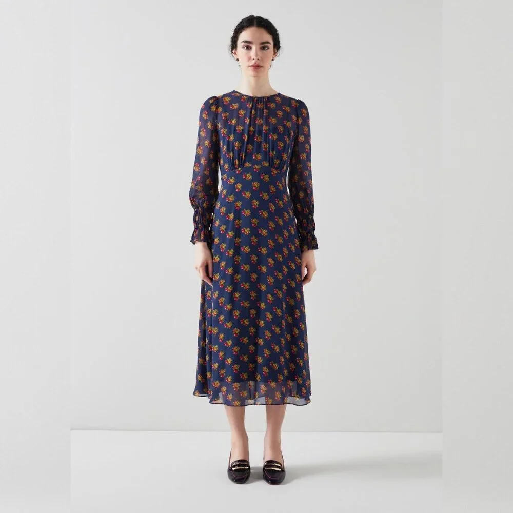LK BENNETT Wren Blu-navy Multi Crewneck Floral-print Woven Midi Dress Sz 8 - Picture 1 of 8